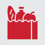 A red grocery bag icon in front of a light gray background used to show the partnership between Slappy McPappy's and Raymore Sam's Club.