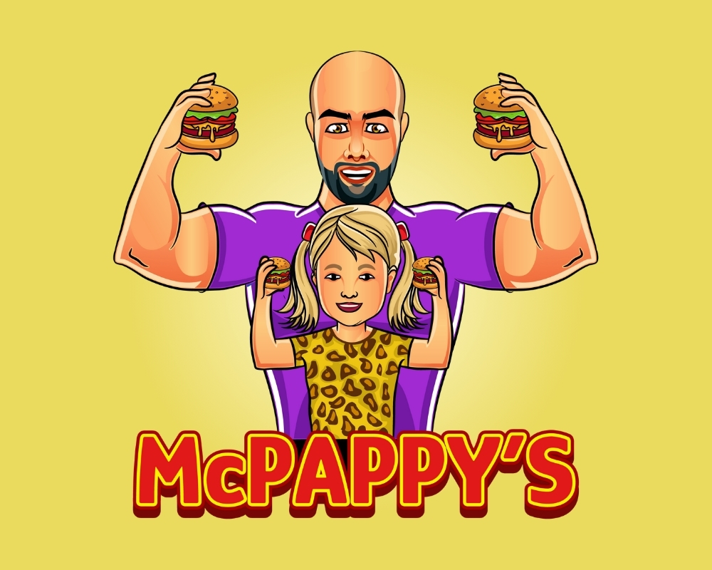 Slappy McPappy's Logo with McPappy flexing his muscles with his daughter while they both are holding Pappy Burgers in front of a yellow gradient background that fades to white the closer to the center that you look