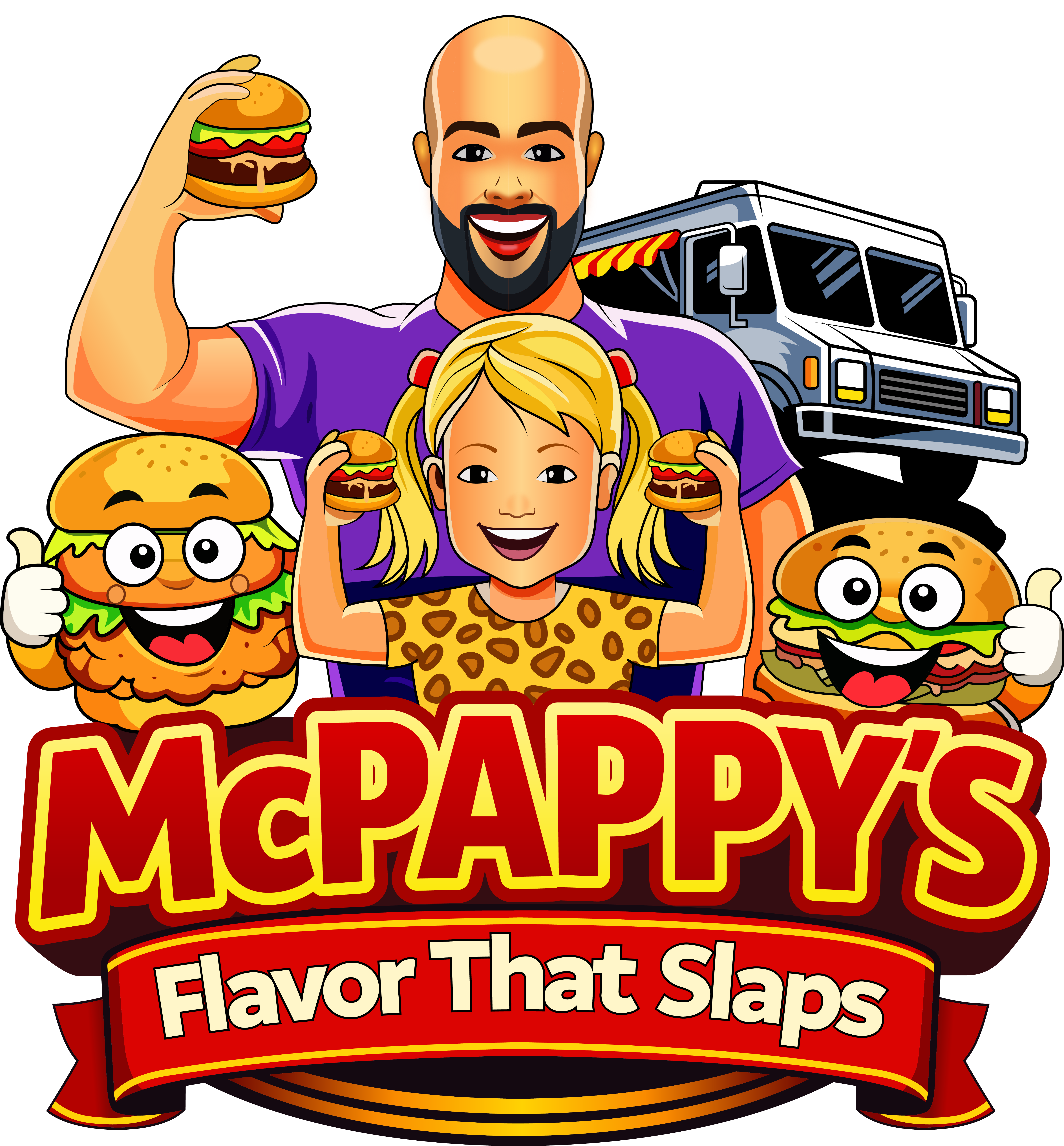 Slappy McPappy's Logo with McPappy flexing his muscles with his daughter while they both are holding Pappy Burgers