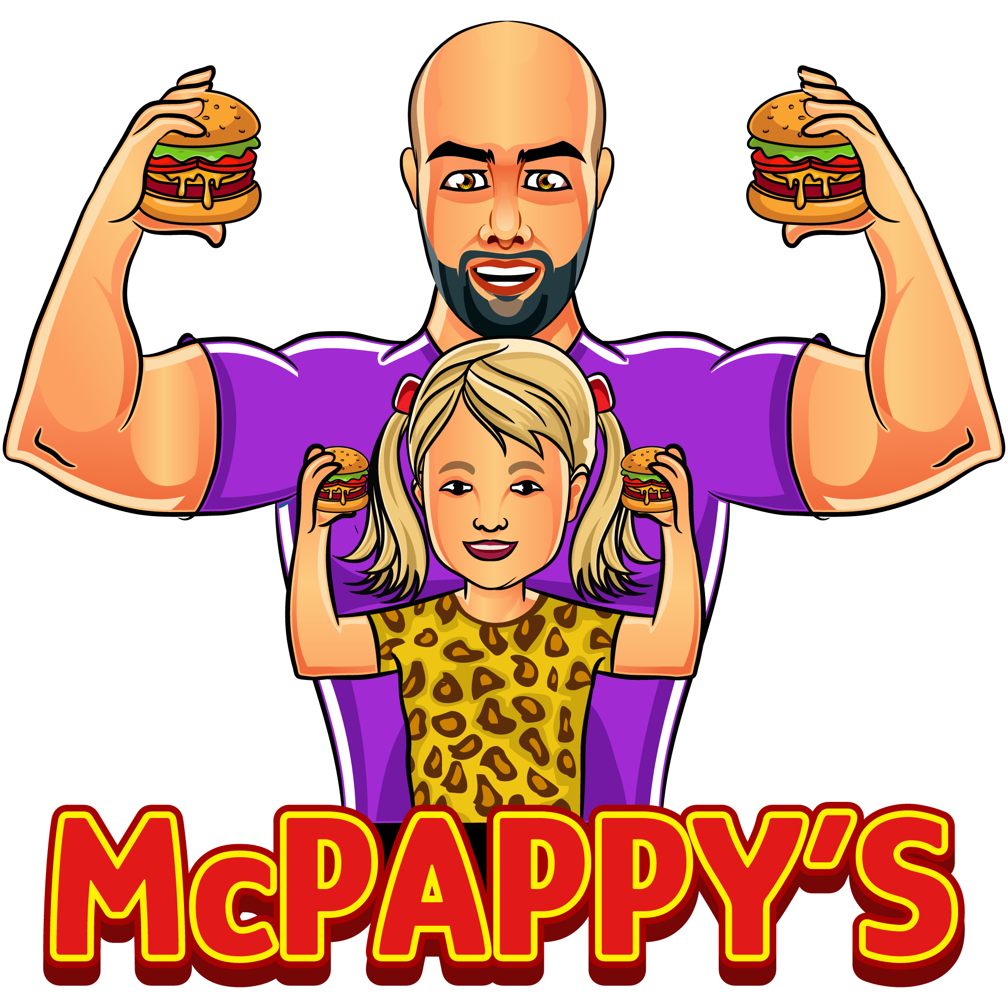 Slappy McPappy's Logo with McPappy flexing his muscles with his daughter while they both are holding Pappy Burgers